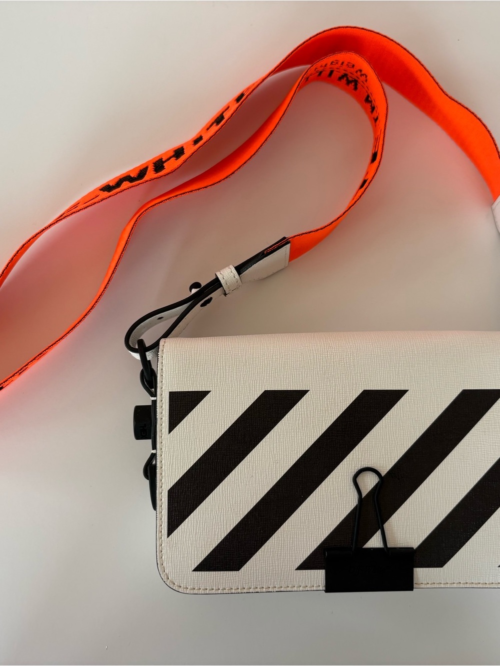 Off-White White and Black Diagonal Stripe Crossbody with Neon Orange Strap - Picture 5 of 7